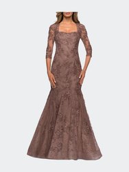 Long Lace Mermaid Gown with Square Neckline - Cocoa