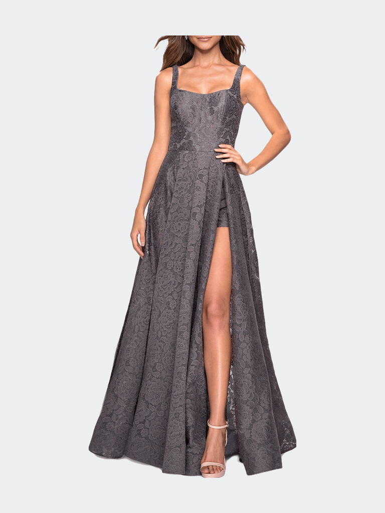 Long Lace Prom Dress with Attached Shorts - Gunmetal