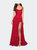 Long Lace Prom Dress with Attached Shorts - Red
