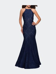 Long Lace Prom Dress with High Neckline - Navy