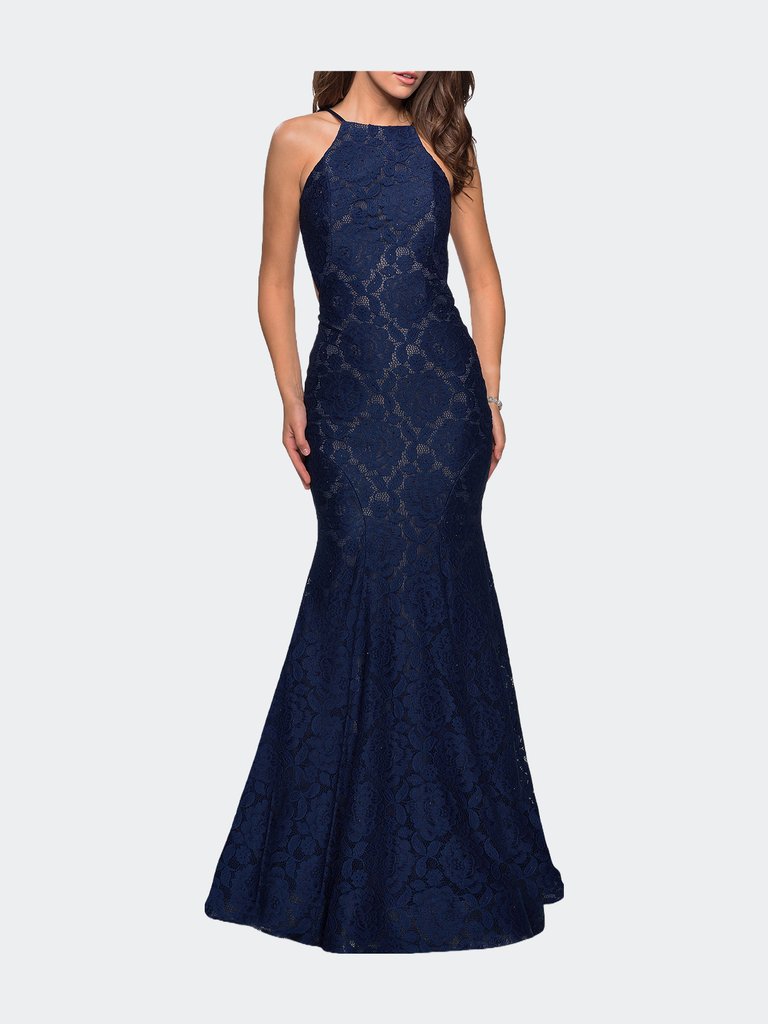 Long Lace Prom Dress with High Neckline