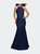 Long Lace Prom Dress with High Neckline - Navy