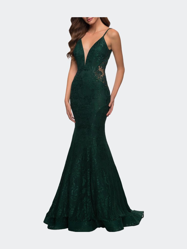 Long Mermaid Lace Dress with Back Rhinestone Detail