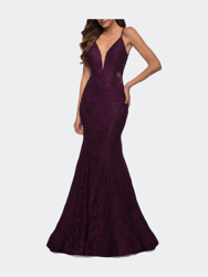 Long Mermaid Lace Dress with Back Rhinestone Detail - Dark Berry