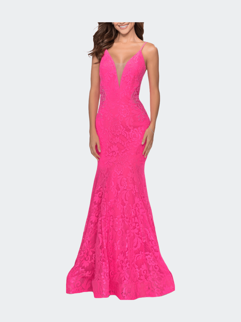 Long Mermaid Lace Dress with Back Rhinestone Detail - Neon Pink