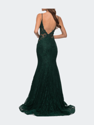 Long Mermaid Lace Dress with Back Rhinestone Detail