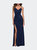 Long Net Jersey Prom Gown with Ruching and Slit - Navy