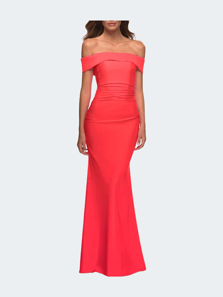 Long Off the Shoulder Ruched Neon Jersey Dress - Hot Coral