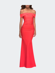 Long Off the Shoulder Ruched Neon Jersey Dress - Hot Coral