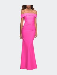 Long Off the Shoulder Ruched Neon Jersey Dress