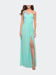 Long One Shoulder Jersey Prom Dress With Embroidery - Light Mint