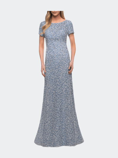 La Femme Long Print Lace Dress with Short Sleeves product