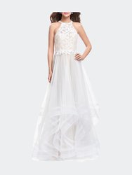 Long Prom Ball Gown with Tulle Overlay and Beaded Top - White