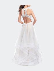 Long Prom Ball Gown with Tulle Overlay and Beaded Top