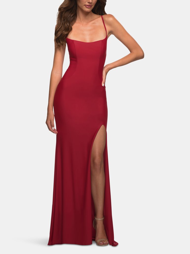 Long Prom Dress in Luxurious Jersey with Slit - Red