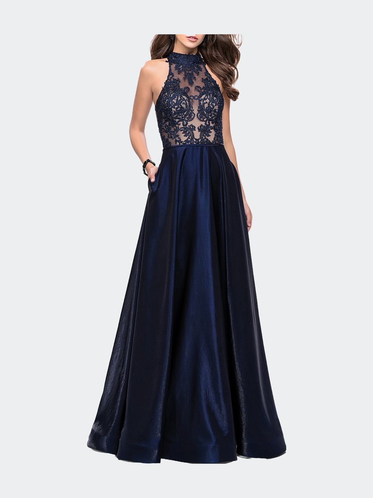 Long Prom Dress with Satin A-line Skirt and Beading - Navy