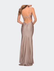 Long Ruched Jersey Dress with Thin Straps