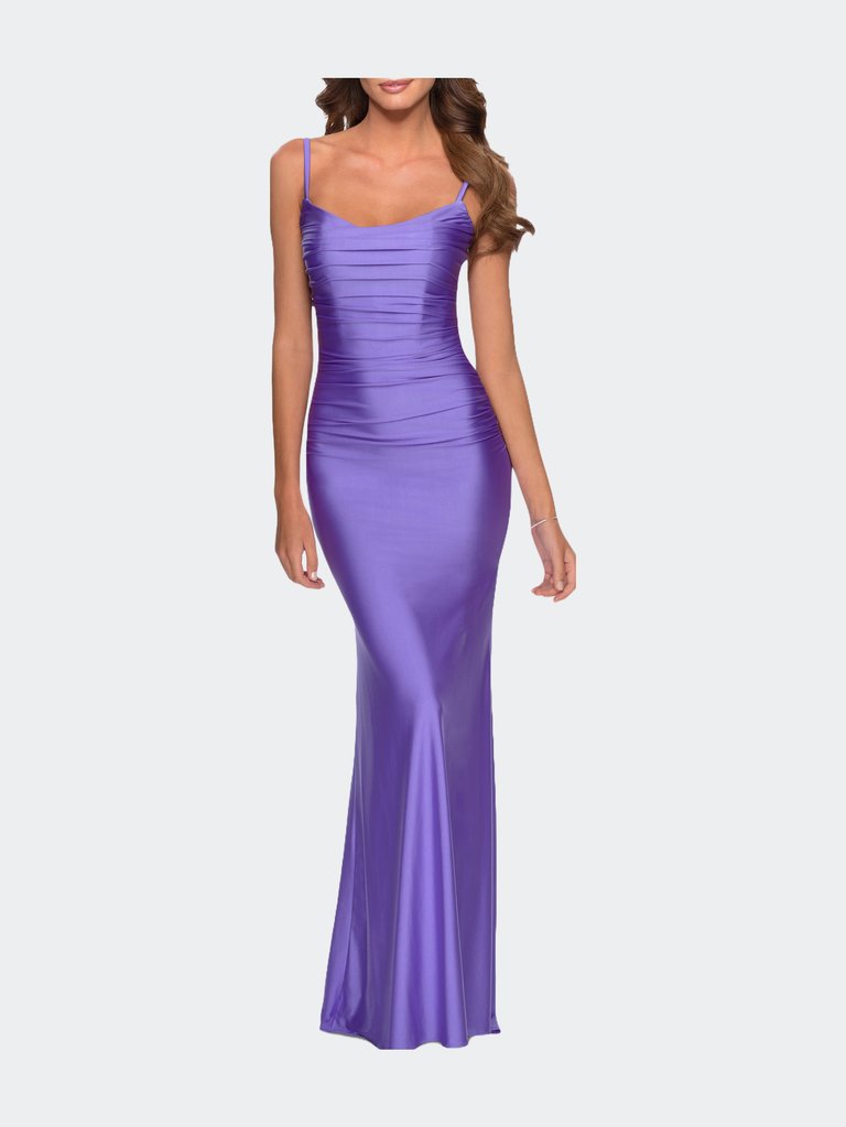 Long Ruched Jersey Dress with Thin Straps - Periwinkle