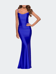 Long Ruched Jersey Dress with Thin Straps - Royal Blue