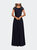 Long Satin Dress with Sheer Floral Lace Cap Sleeves - Navy