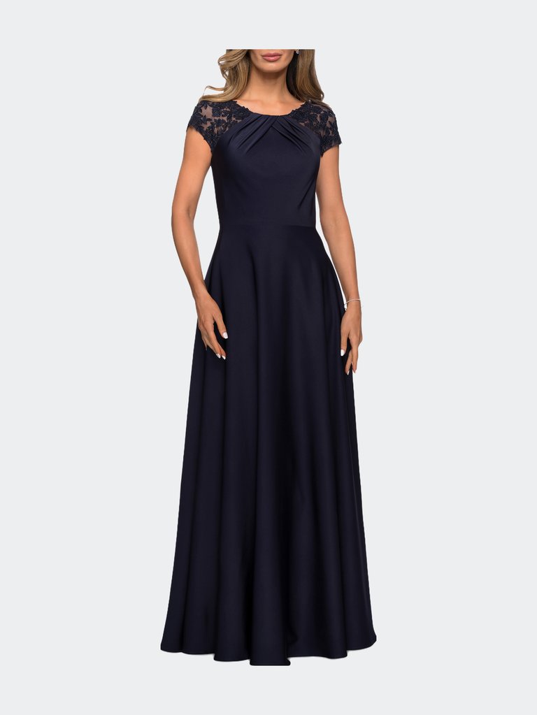 Long Satin Dress with Sheer Floral Lace Cap Sleeves