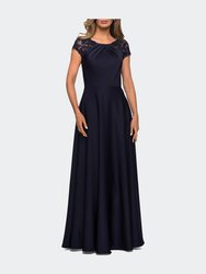Long Satin Dress with Sheer Floral Lace Cap Sleeves