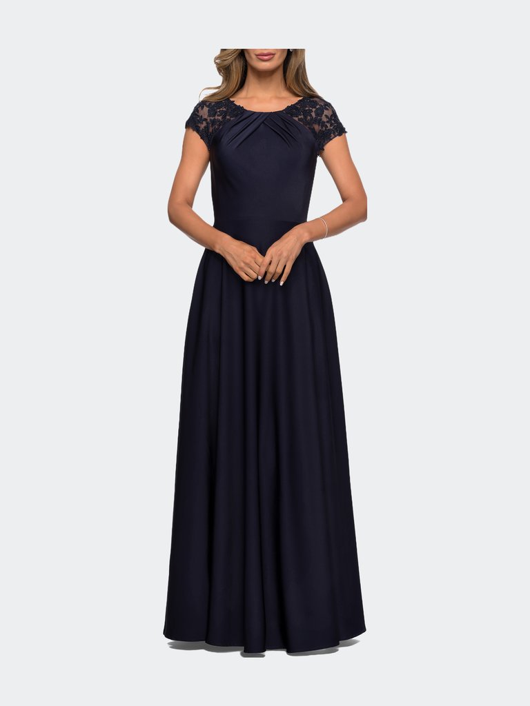 Long Satin Dress with Sheer Floral Lace Cap Sleeves - Navy