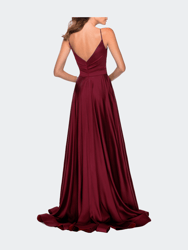 Long Satin Dress with Side Slit and V Shaped Back