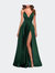 Long Satin Dress with Side Slit and V Shaped Back - Emerald