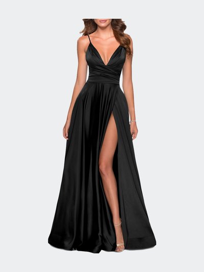 La Femme Long Satin Dress with Side Slit and V Shaped Back product