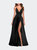 Long Satin Dress with Side Slit and V Shaped Back - Black