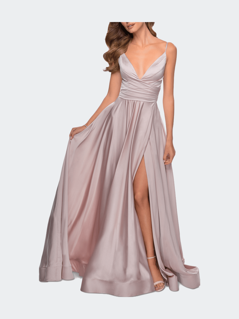 Long Satin Dress with Side Slit and V Shaped Back - Mauve