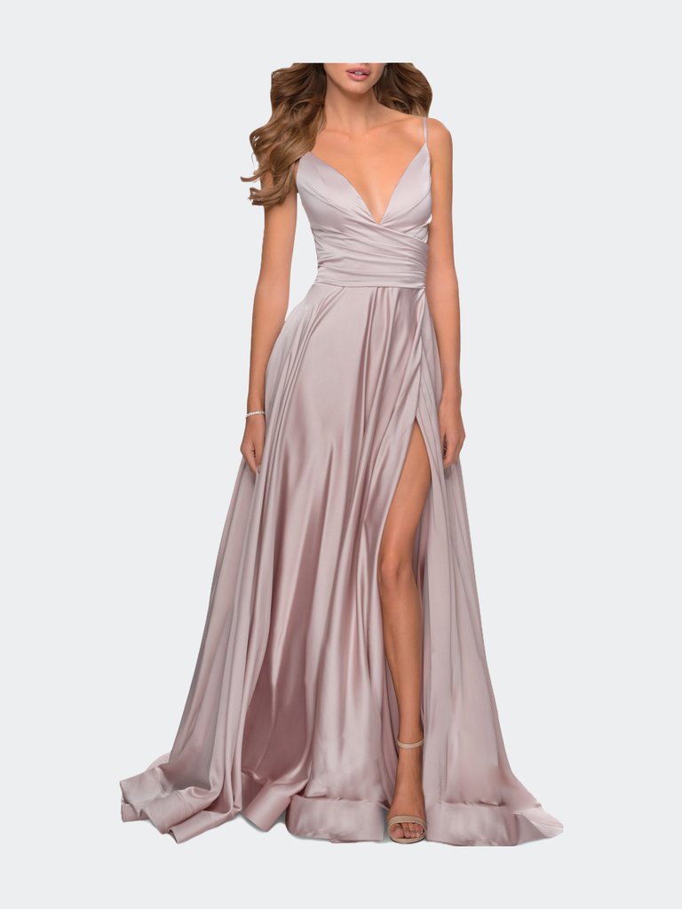 Long Satin Dress with Side Slit and V Shaped Back