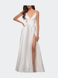 Long Satin Dress with Side Slit and V Shaped Back - White