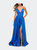 Long Satin Dress with Side Slit and V Shaped Back - Royal Blue