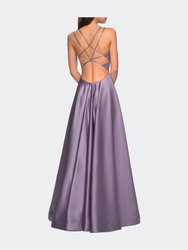 Long Satin Formal Gown with Leg Slit and Strappy Back