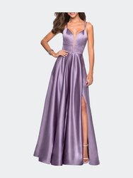 Long Satin Formal Gown with Leg Slit and Strappy Back - Lavender/Gray