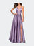 Long Satin Formal Gown with Leg Slit and Strappy Back - Lavender/Gray