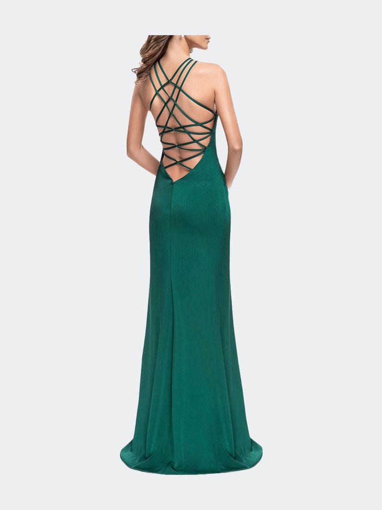 Long Satin Halter Prom Dress With Criss Cross Back