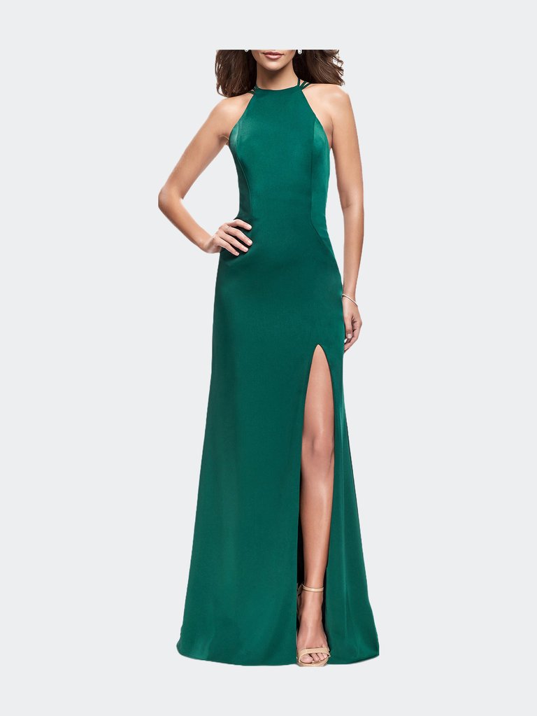 Long Satin Halter Prom Dress With Criss Cross Back - Forest Green