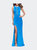 Long Satin Prom Dress With Plunging Neckline And Slit - Ocean Blue