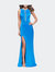 Long Satin Prom Dress With Plunging Neckline And Slit - Ocean Blue