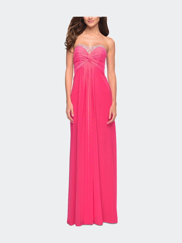 Long Satin Prom Dress With Sparkling Trim And Stones - Flamingo Pink