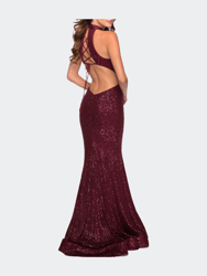 Long Sequin Gown With High Neckline And Lace Back