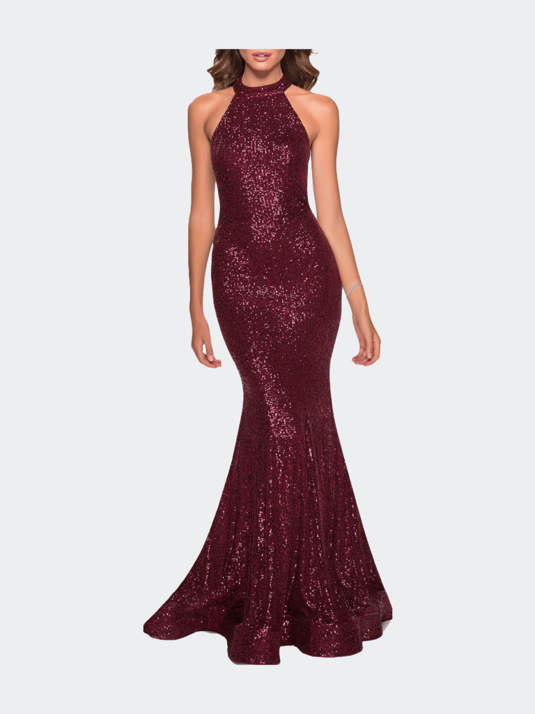 Long Sequin Gown With High Neckline And Lace Back - Burgundy