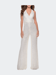 Long Sequin Jumpsuit with Criss Cross Back - White