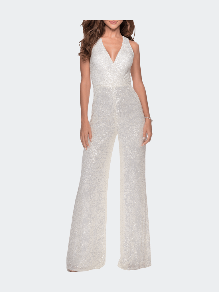 Long Sequin Jumpsuit with Criss Cross Back - White