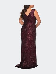 Long Sequin Plus Size Gown with V-Neck