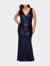 Long Sequin Plus Size Gown with V-Neck - Navy