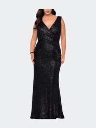 Long Sequin Plus Size Gown with V-Neck - Black